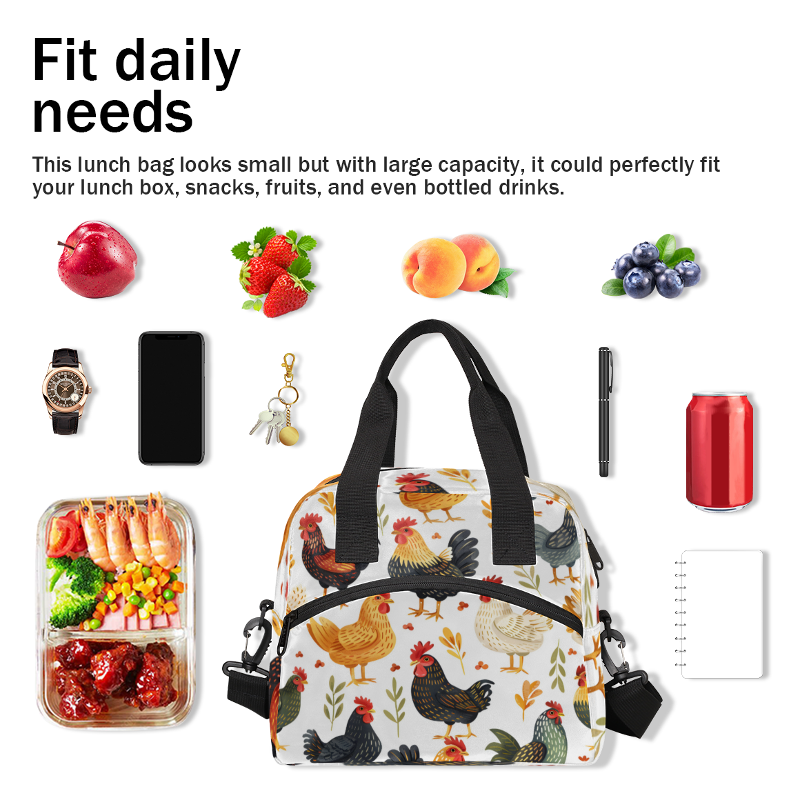 Herdesigns Chicken Insulated Lunch Bag for Women Men Adults Large Reusable Lunch Box Cock Hens Rooster Leakproof Cooler Tote Bags with Adjustable Shoulder Strap