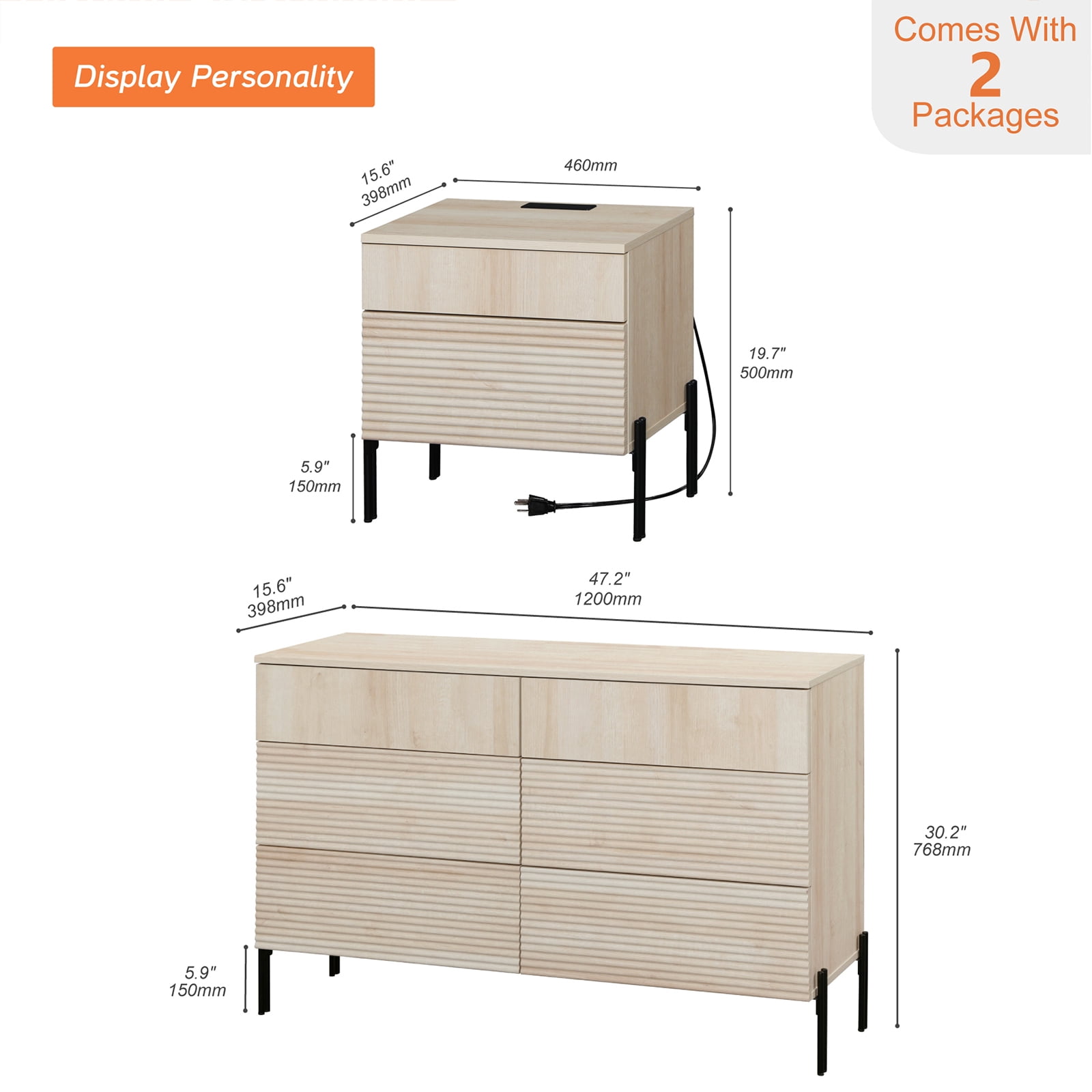 6 Drawer Dresser And Nightstand Set For Bedroom, 2 Pcs Bedroom Set With Minimalist Reeded Design, Oak Double Dresser With Hidden Handles