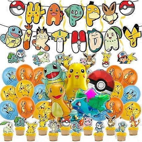 Juego de decoraciones para fiesta de cumpleaños de Pikachu, Pokémon, con pancartas, globos, adornos para tartas, suministros para fiestas temáticas infantiles, kit de Pikachu