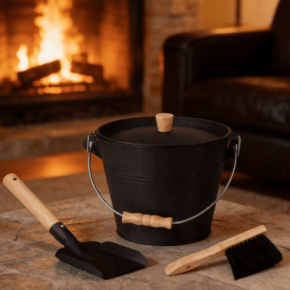 Gamexcel Mini 1.5-Gallon Metal Ash Bucket with Lid, Shovel, Broom for Fireplace, Fire Pits, Hearth, Wood Burning Stoves, Indoor Outdoor