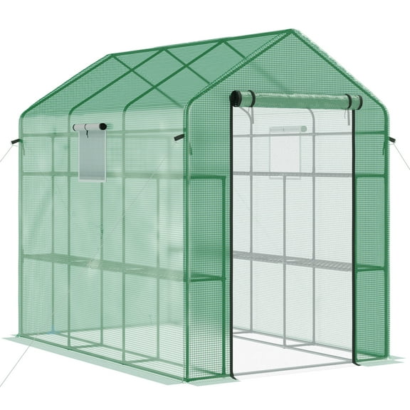 CoSoTower 7' X 5' X 6' Walk-In Greenhouse with Mesh Door and Windows, 18 Shelf Hot House with Trellis, Plant Labels, UV Protective for Growing Flowers, Herbs, Vegetables, Saplings, Green