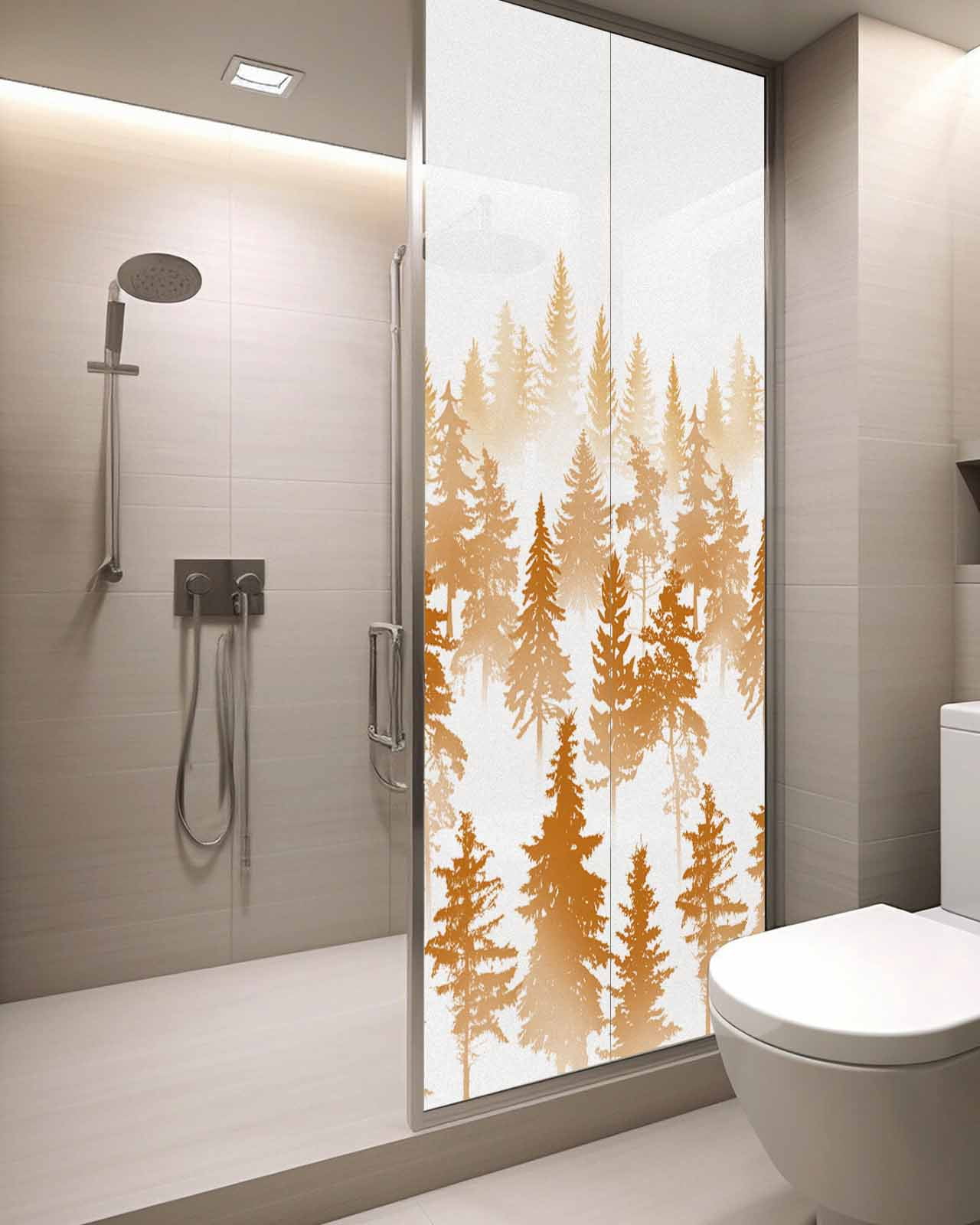 Window Privacy Film, Burnt Orange Forest UV Sun Blocking Window Tint Film Heat Control One Way Blackout Window Film, Modern Abstract Silhouette Art Non Adhesive Static Cling Sticker 29.5x78.7 In
