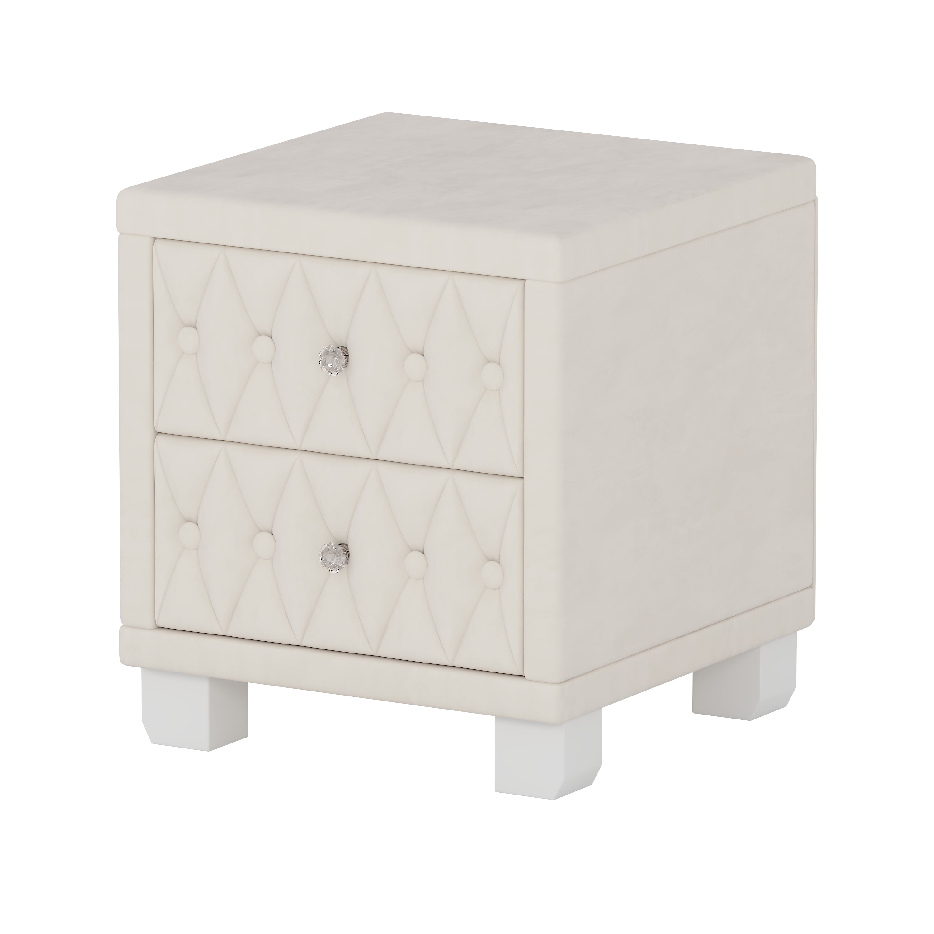 Euroco Velvet Nightstand with 2 Storage Drawers and Crystal Handle,Bedside Table End Table with Button-Tufted for Bedroom Living Room,Beige