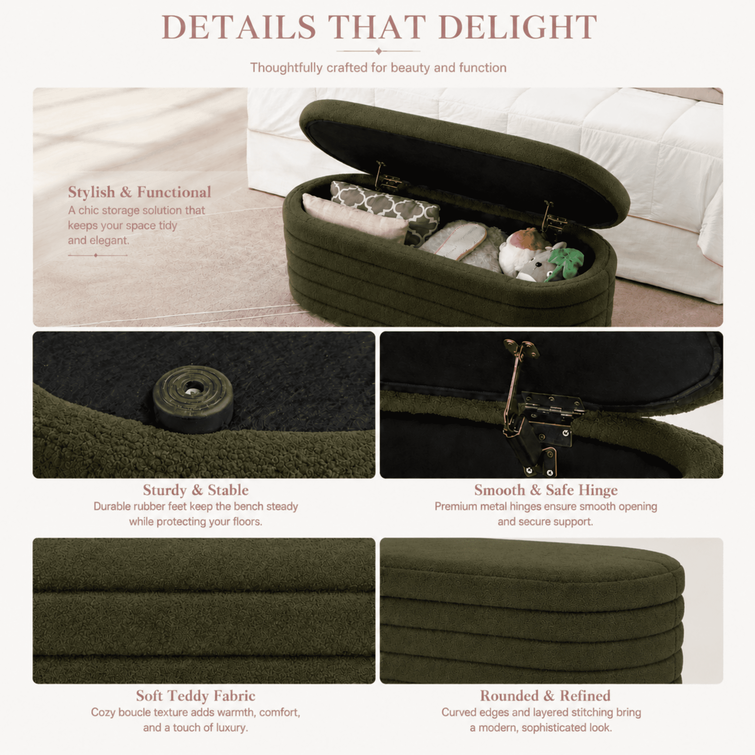 Storage Ottoman Bench End of Bed for Bedroom,43 inch Teddy Boucle Upholstered Entryway Shoe Seat Bench w/Storage,Sherpa Modern Cute Stool Foot Rest for Living Room,Window Seating,Dark Green