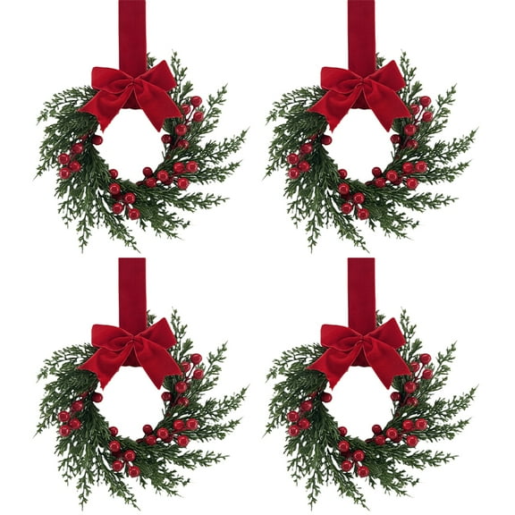 Yucurem 11.8 Inch Mini Christmas Cabinet Wreath, 4PCS Small Christmas Kitchen Wreaths with Bow Ribbon for Xmas Window Door Chair Fireplace Table Centerpiece Indoor Outdoor Decor