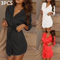 thumbnail image 2 of biudgviw 3PC Silk Robes for Women 3/4 Sleeve Lace Trim Short Bathrobes Soft V Neck Casual Lightweight Belted Loungewear, 2 of 7