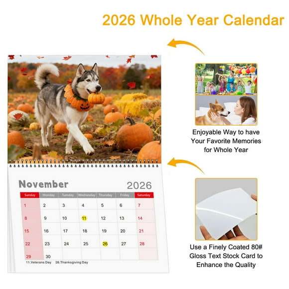 2026 Personalized Pet Photo Calendar – 12-Month Wall Calendar with Customizable Monthly Pet Photos, 29.7 cm x 21 cm, Glossy Coated Cardstock, for Home or Office