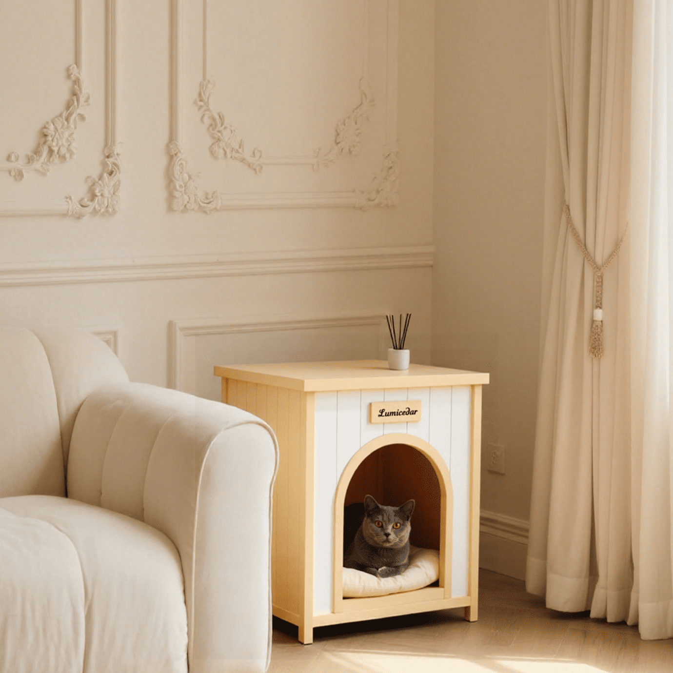Solid Wood Pet House with Flat Roof Indoor Shelter for Small Dogs and Cats FSC Certified Cream Yellow Modern Design