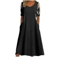 thumbnail image 2 of Meichang Eyelet Dresses Women Lace Short Sleeve Scoop Neck Midi Dresses Solid Color Loose Fit Casual Flowy Work Dresses with Pockets Black S, 2 of 6