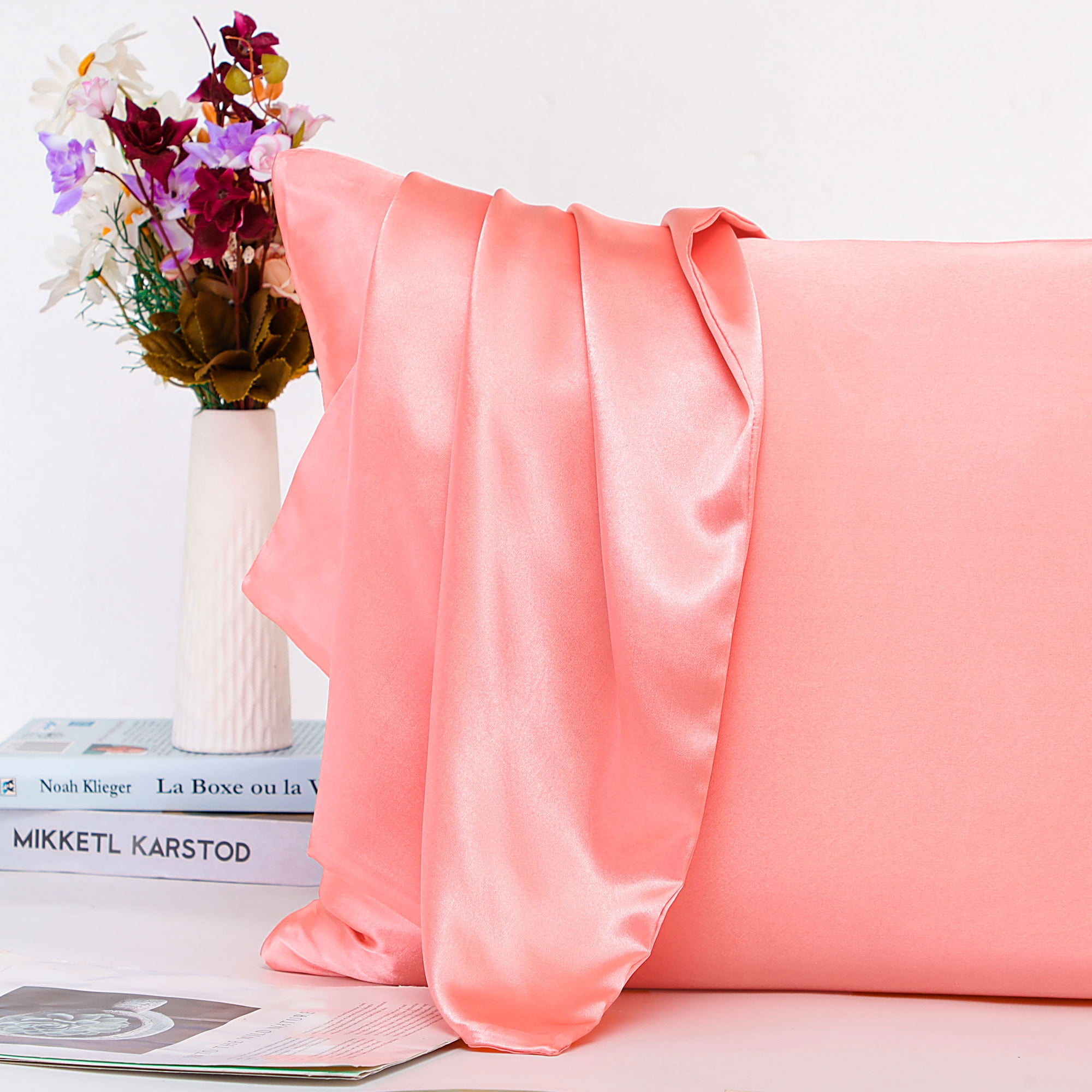 Unique Bargains Satin Set of 2 Zipper Closure Pillowcases Light Coral 20"x30"