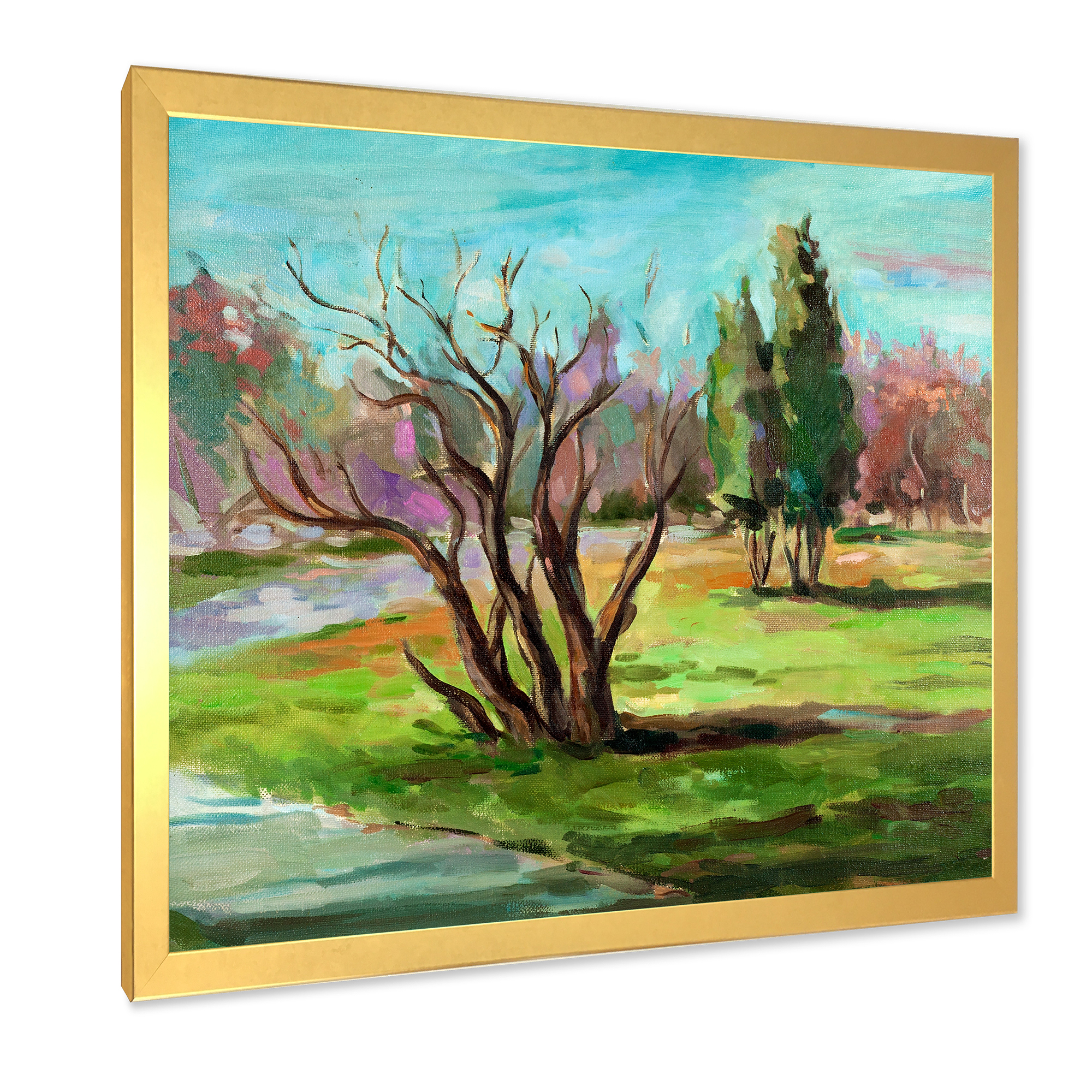Designart 'Two Distant Trees In A Vibrant Green Landscape' Traditional Framed Art Print