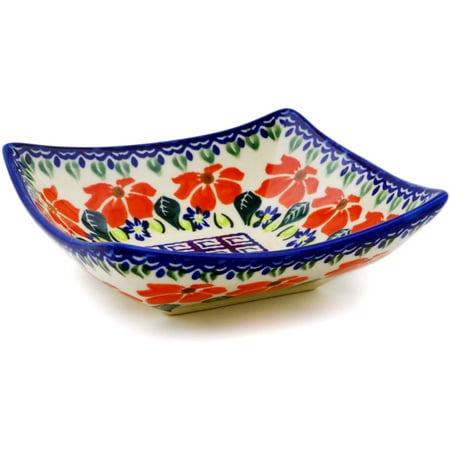 

Polish Pottery 5¼-inch Square Bowl (Grecian Fields Theme) Hand Painted in Boleslawiec Poland + Certificate of Authenticity