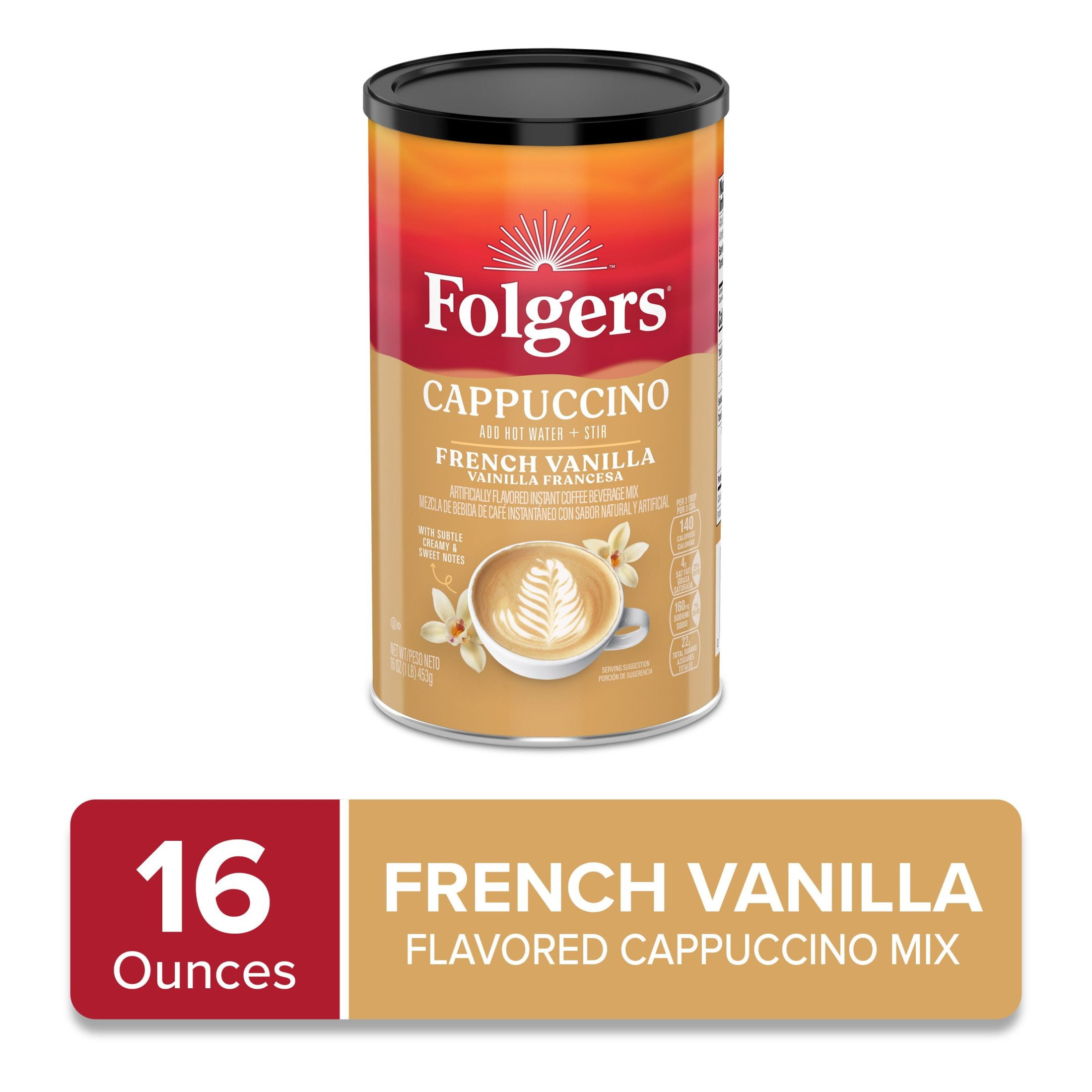 Folgers French Vanilla Flavored Cappuccino Mix, Instant Coffee Beverage, 16 oz Canister