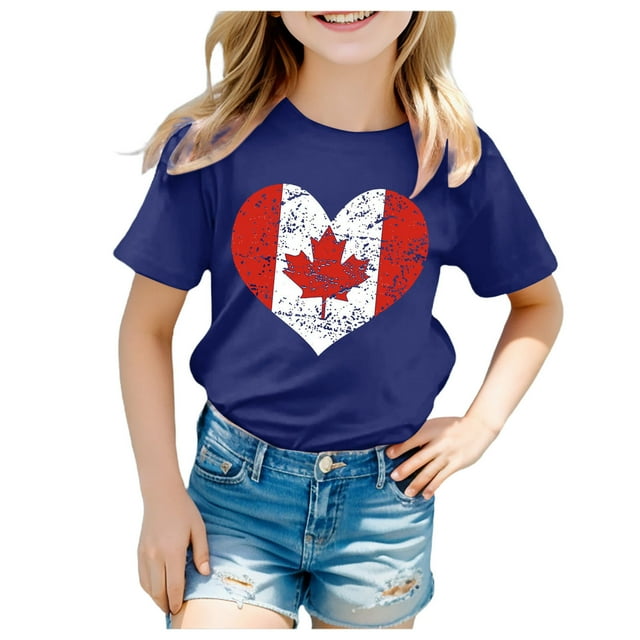 Boys Girls Summer Tops Tees Stylish Maple Leaf Graphic Heart Pattern Print Striped T Shirt Short Sleeve Casual Fit Basic Tee Blouse Spring Shirts For Boy 8-9T