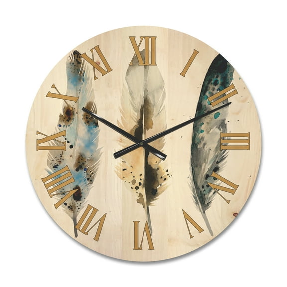 Designart 'Colourful Boho Art Feathers V' Bohemian & Eclectic Wood Wall Clock
