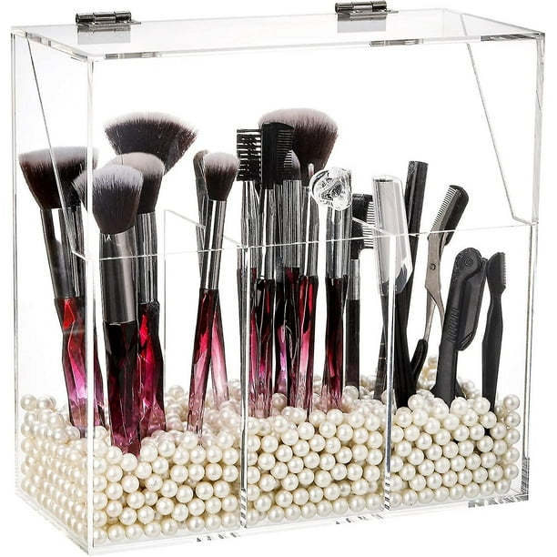 Makeup Brush Holder With Dustproof Lid, White Pearls, Acrylic Clear Makeup Brush Organizer With 3 Compartment, Large Cosmetic Brush Storage Box Case F