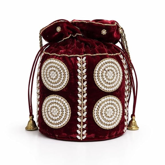Women’s Potli Bag with Drawstring Closure, Ethnic Handcrafted Pouch for Festive, Wedding, Stylish and Compact Carry Bag-Maroon