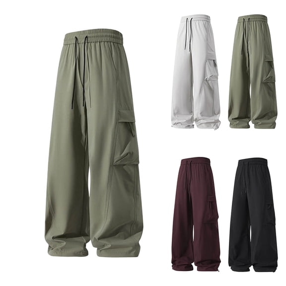 Mens's Baggy Cargo Pants Solid Color Breathable Elastic Waist Casual Workout Pants Drawstring Zipper Pocket Loose Fit Athletic Pants