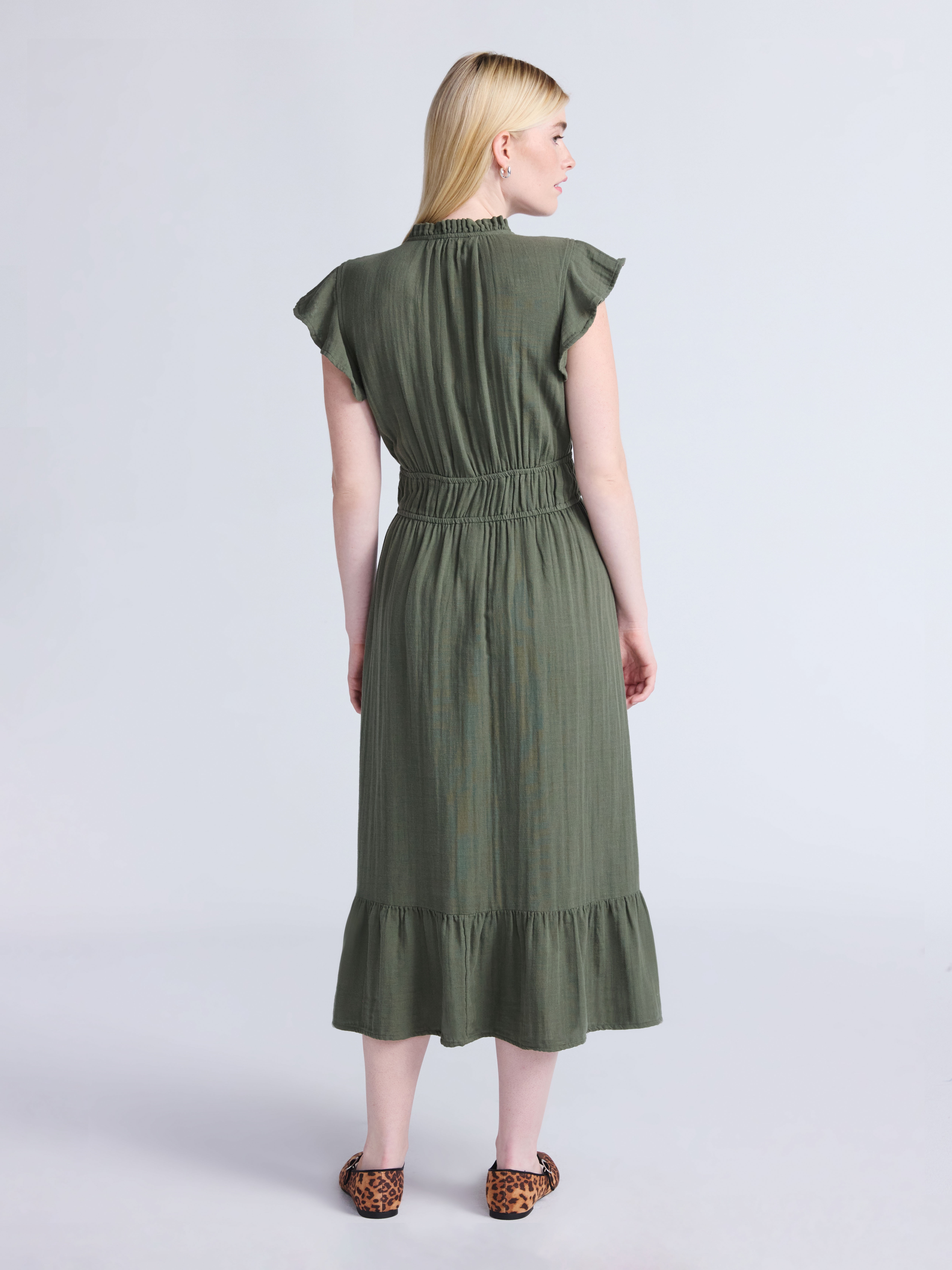Time and Tru Women's Double Cloth Cotton Midi Dress with Flutter Sleeves, Sizes XS-XXXL