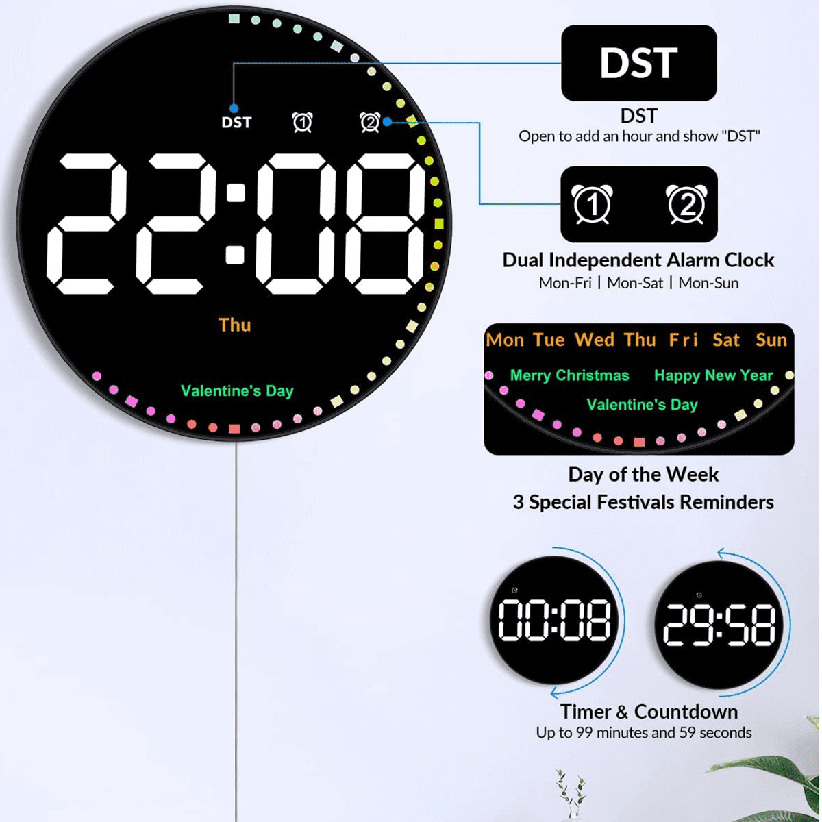 Digital Wall Clock with Colorful Light,10Inch LED Digital Clock with Remote,Time Alarm Clock for Living Room  Gym