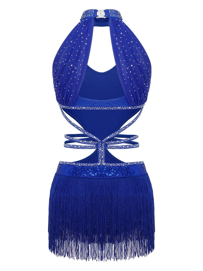 royal blue tassel dress HULIJA Women Sleeveless Shiny Sequins Keyhole Front Latin Dance Black XXL long fringe dress