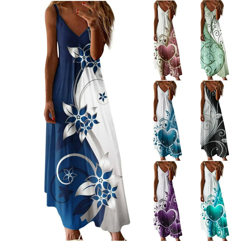 YanHoo Summer Dresses for Women 2024 Vacation Womens Sleeveless V Neck  Spaghetti Strap Beach Boho Tropical Summer Maxi Dress