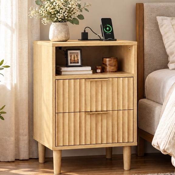 Ktaxon Nightstand with Charging Station, End Table Wooden Bedside Table Large Capacity Easy to Assemble, Wood