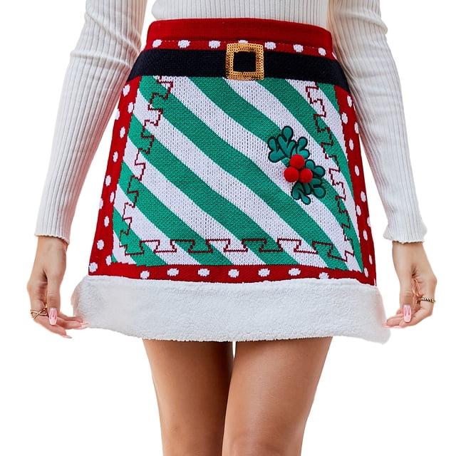 Falda Minifalda navideña para mujer, de punto, de cintura alta, con dobladillo de vellón, faldas de fiesta de Santa 1 1