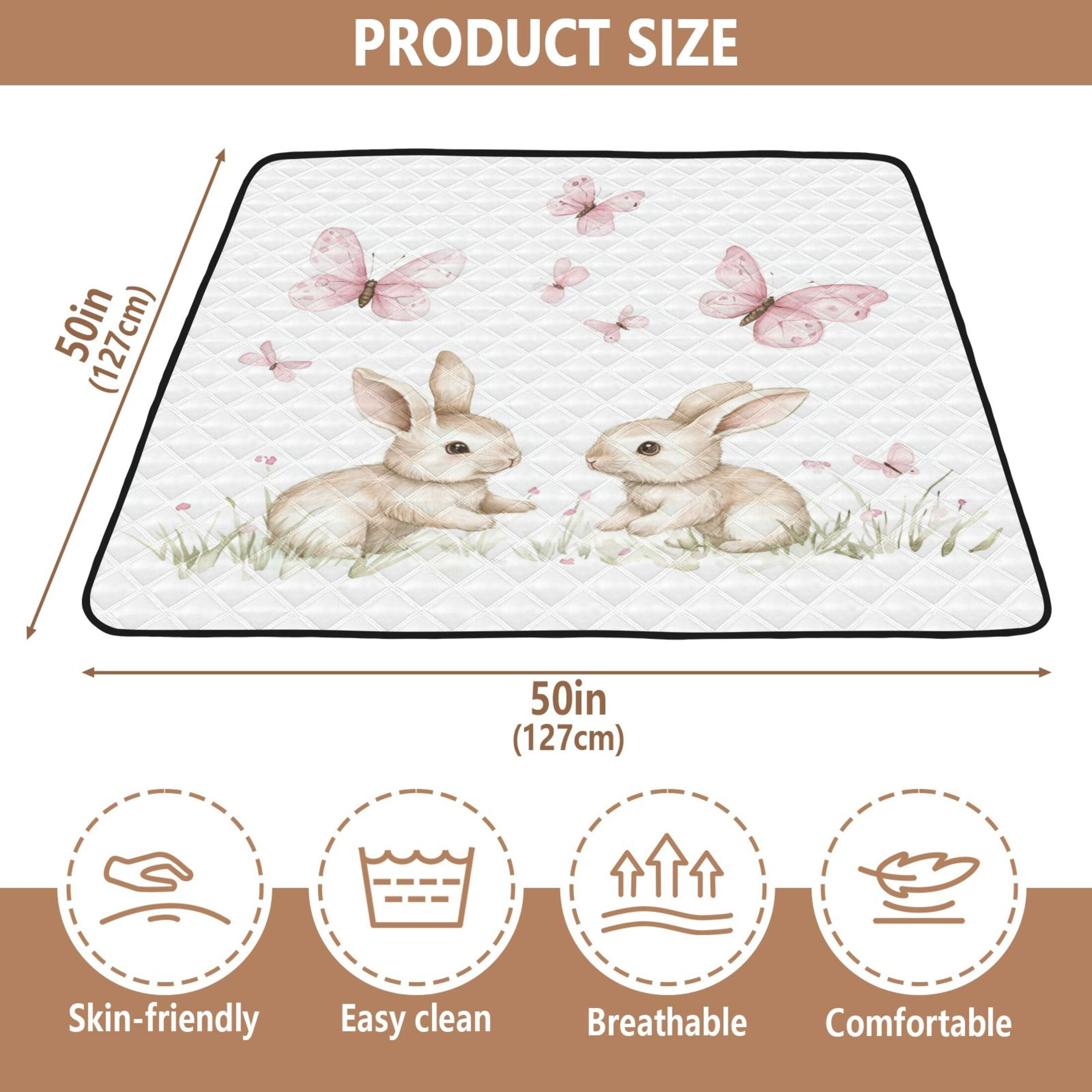 WOBOGO Rabbits Playing with Pink Butterflies Baby Playmats Extra Large Waterproof Rollable Activity Pads for Toddlers 50×50inch