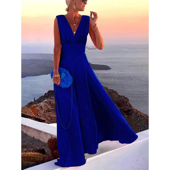 Women's V-Neck Sleeveless Waist-Cinching A-Line Dress, Solid Color Casual Comfortable For Outdoor, Summer Party Elegant
