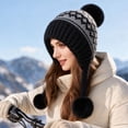 thumbnail image 3 of Voska Womens Thick Knit Ear Flap Winter Hat Soft Fleece Lined 3 Pom Pom Pull On Beanie with Fair Isle Pattern Black One Size, 3 of 4