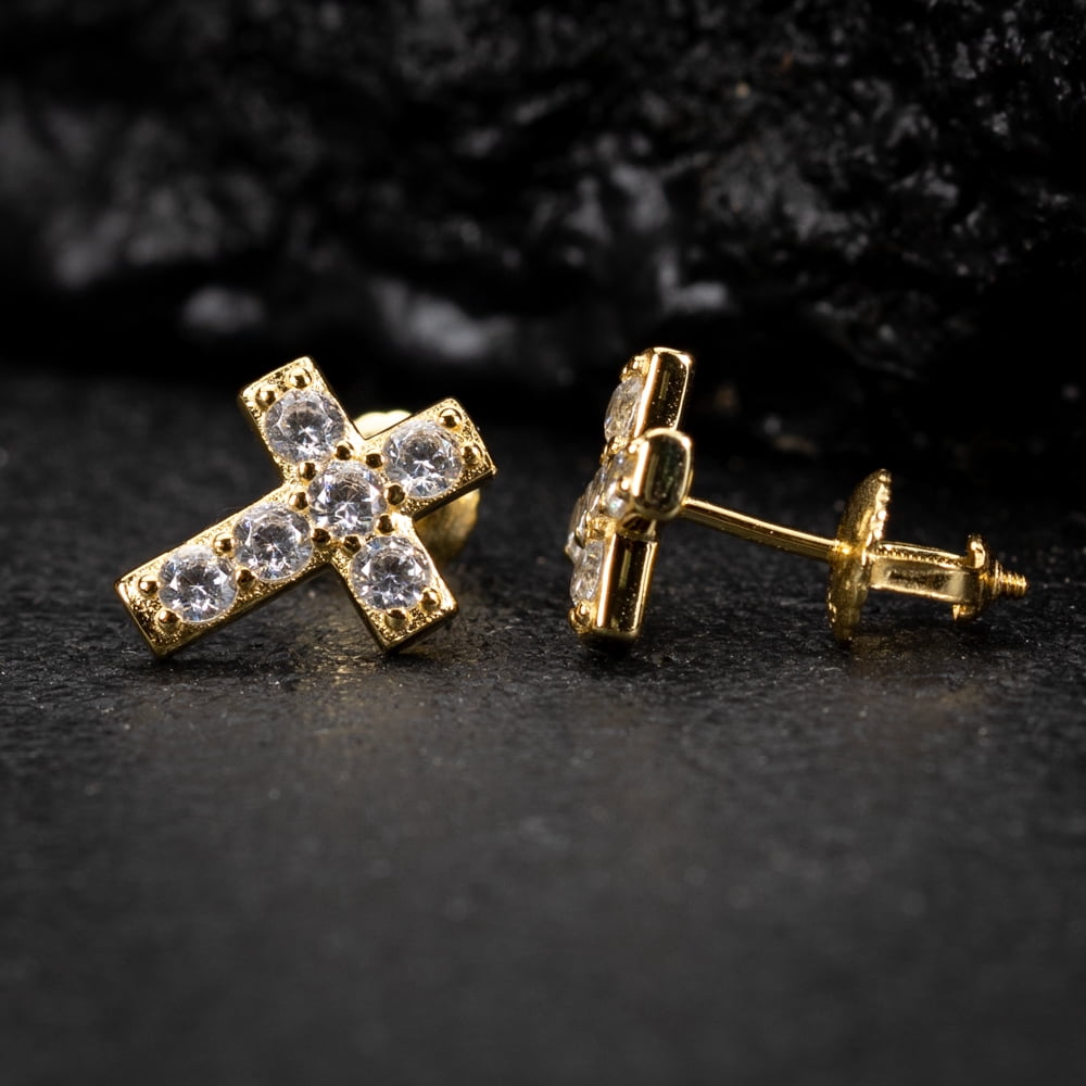 Small Mens Women's Prong Set Iced 5A Cz Hip Hop Yellow Gold 925 Sterling Silver Hypoallergenic Ice Out Cubic Zirconia Cross Screw Back Stud Earrings