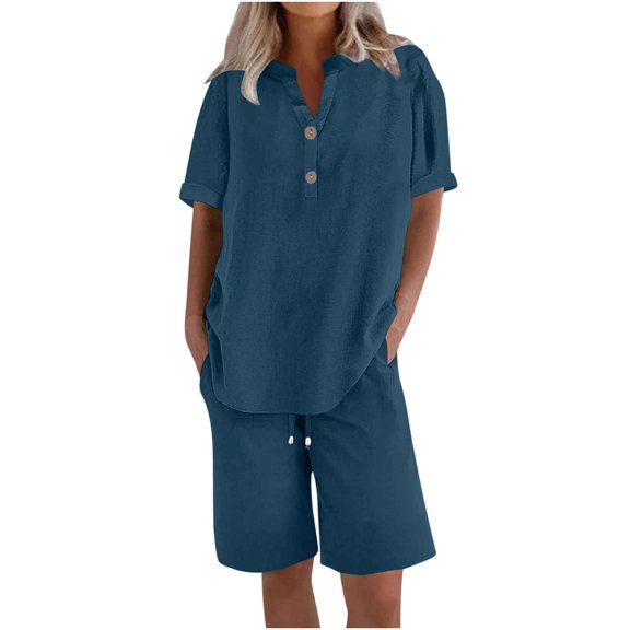 Aimik Women's Cotton Linen Blouse Shorts Set V Neck Roll Short Sleeve Oversized Outfits Matching Wide Leg Shorts Lightweight Beach Sets
