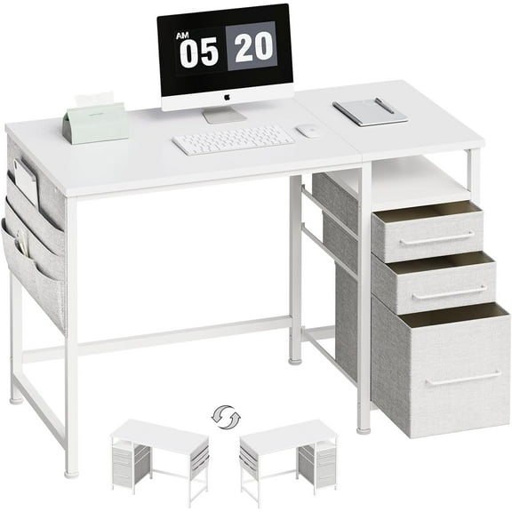 Small Desk with Drawers, 40 inch Computer Desk with Shelves, Writing Desk with Storage, Small Office Desk with Metal Frame, White