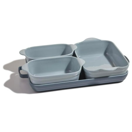 DieJedXi Bakeware Set | 5-Piece Nonstick, Toxin-, Ceramic, Stoneware Set with Oven Pan, Bakers, & Oven Mat | Space-Saving Nesting Design | Oven-Safe | Bake, Roast, Griddle and more | Blue Salt