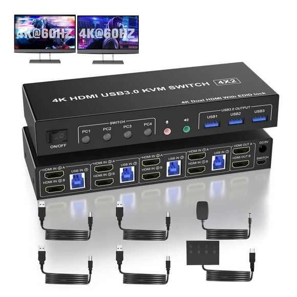 USB 3.0 KVM Switch 2 Monitors 4 Computers,Support EDID,4K60Hz Dual Monitor Switch With Microphone And 3 USB3.0 Ports