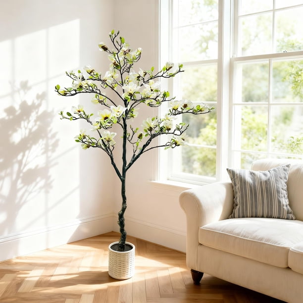 QinaQin Árbol artificial de magnolia de 6 pies con flores realistas en maceta, ideal para decoración interior o exterior en hogar, patio u oficina