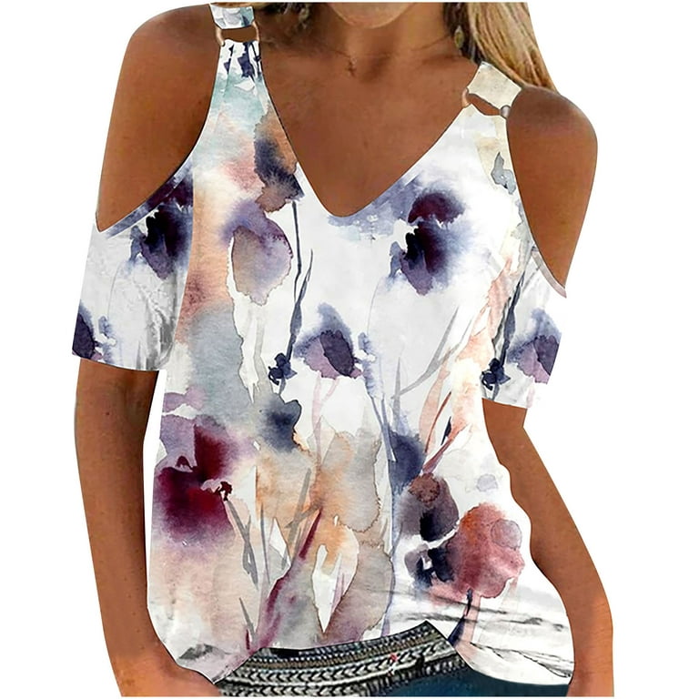 solacol Womens Tops Summer Casual Womens Tops Summer Sexy Womens Tops and  Blouses Summer Women Summer Sexy T- Shirt Cold Shoulder Pullover Blouse  V-Neck Short Sleeve Printed Tops Sexy Womens Tops 