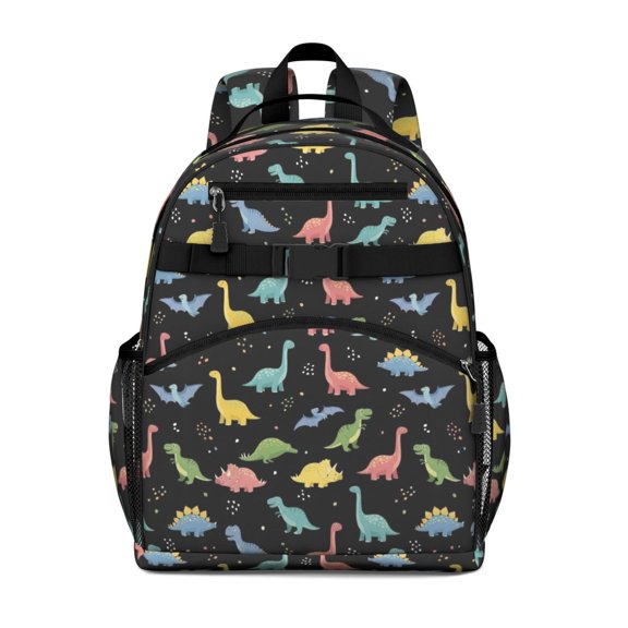 Colorful Dinosaur on Black Pattern Cute School Backpack Bag for School with Padded Back and Adjustable Shoulder Straps 15.25"x11.5"x5.25"