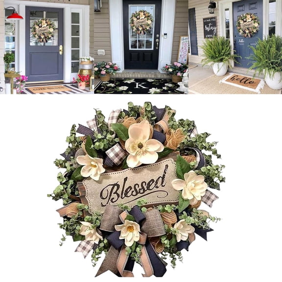 Spring Summer Wreath, Magnolia Wreaths for Front Door with Burlap Bow, Year Round Wreaths for Porch Farmhouse Patio Door Decor Housewarming Gift