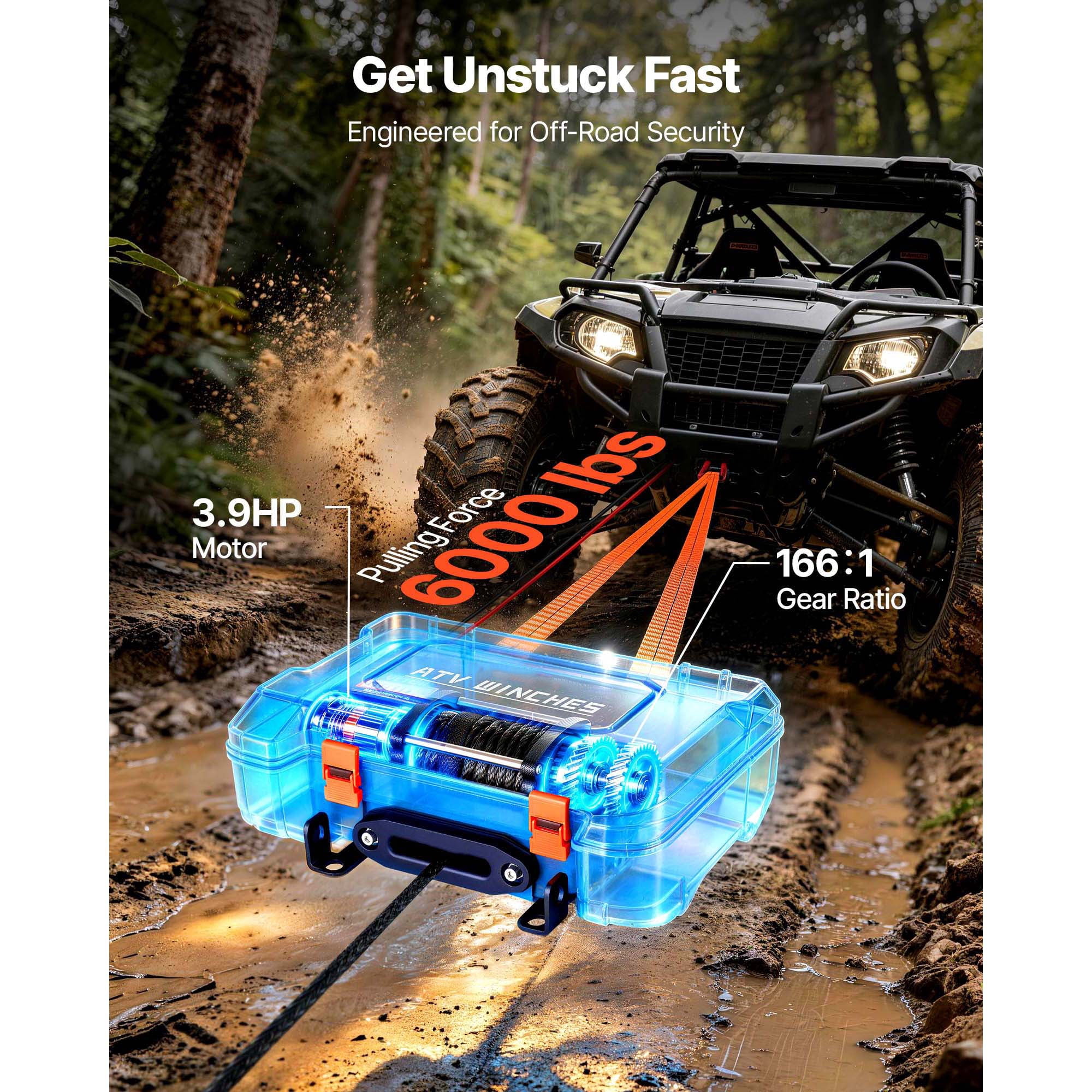 KFFKFF Portable 12V DC Electric Winch, 6000 lbs Capacity with Synthetic Rope, Wireless & Wired Remotes, Recovery Kit Including Fairlead, Hook, and Strap for ATV UTV Off-Road Pulling Applications