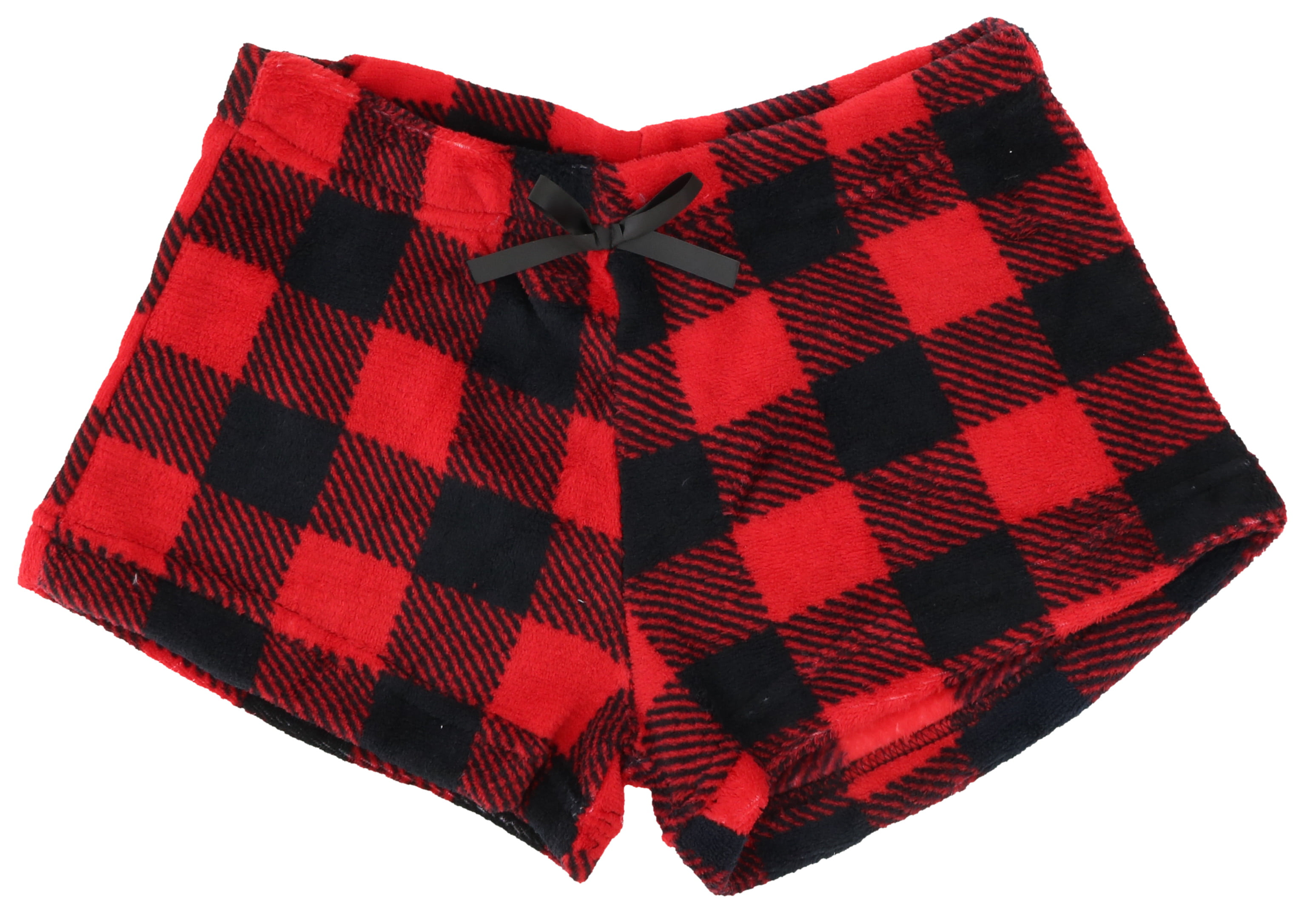 Emme Jordan Junior's Fuzzy Plush Pajama Shorts - Red & Black Buffalo Plaid  - Medium 