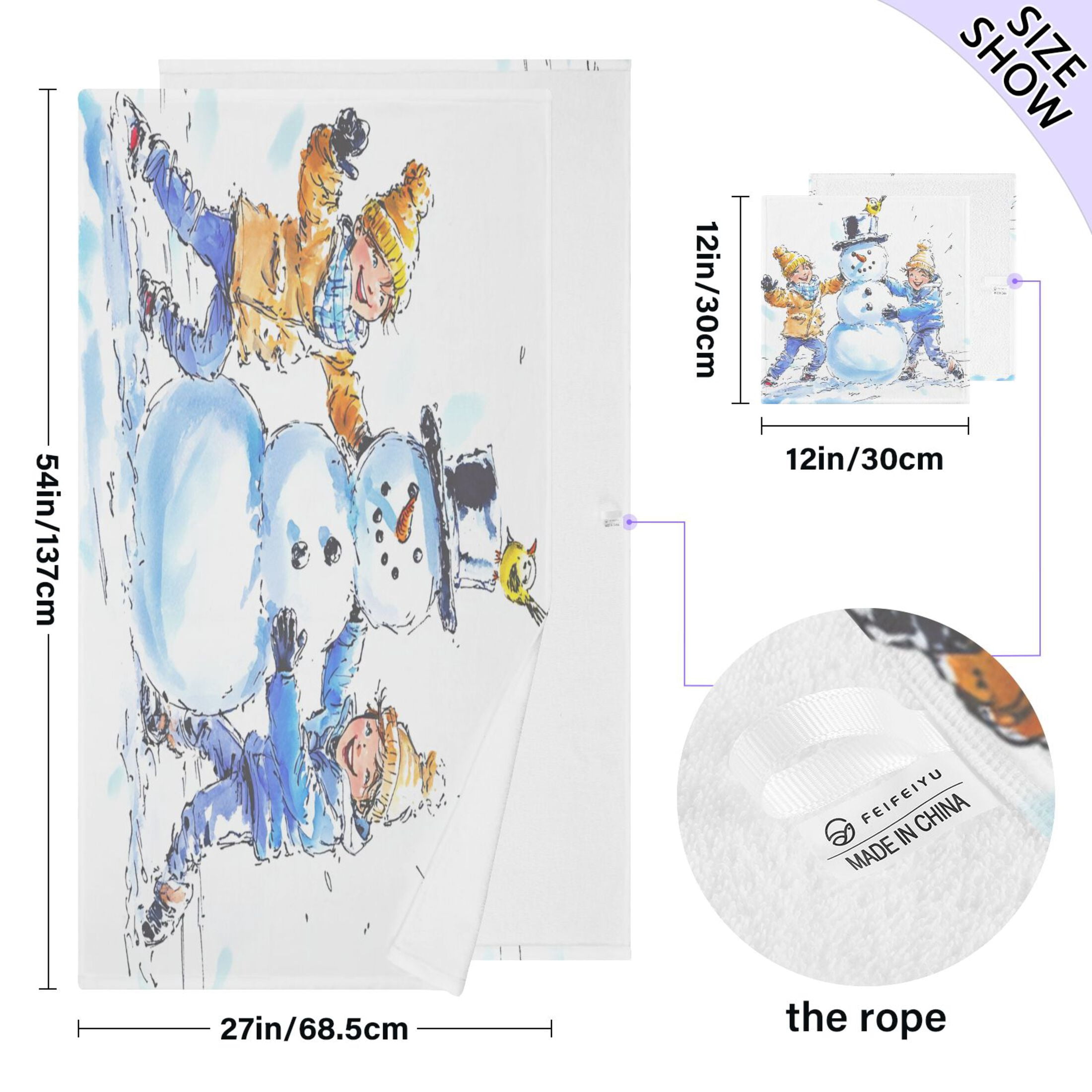 Kid Make A Snowman 2 Piece Cotton Bath and Face Towel Set Soft and Absorbent, for Beach Pool Bathroom