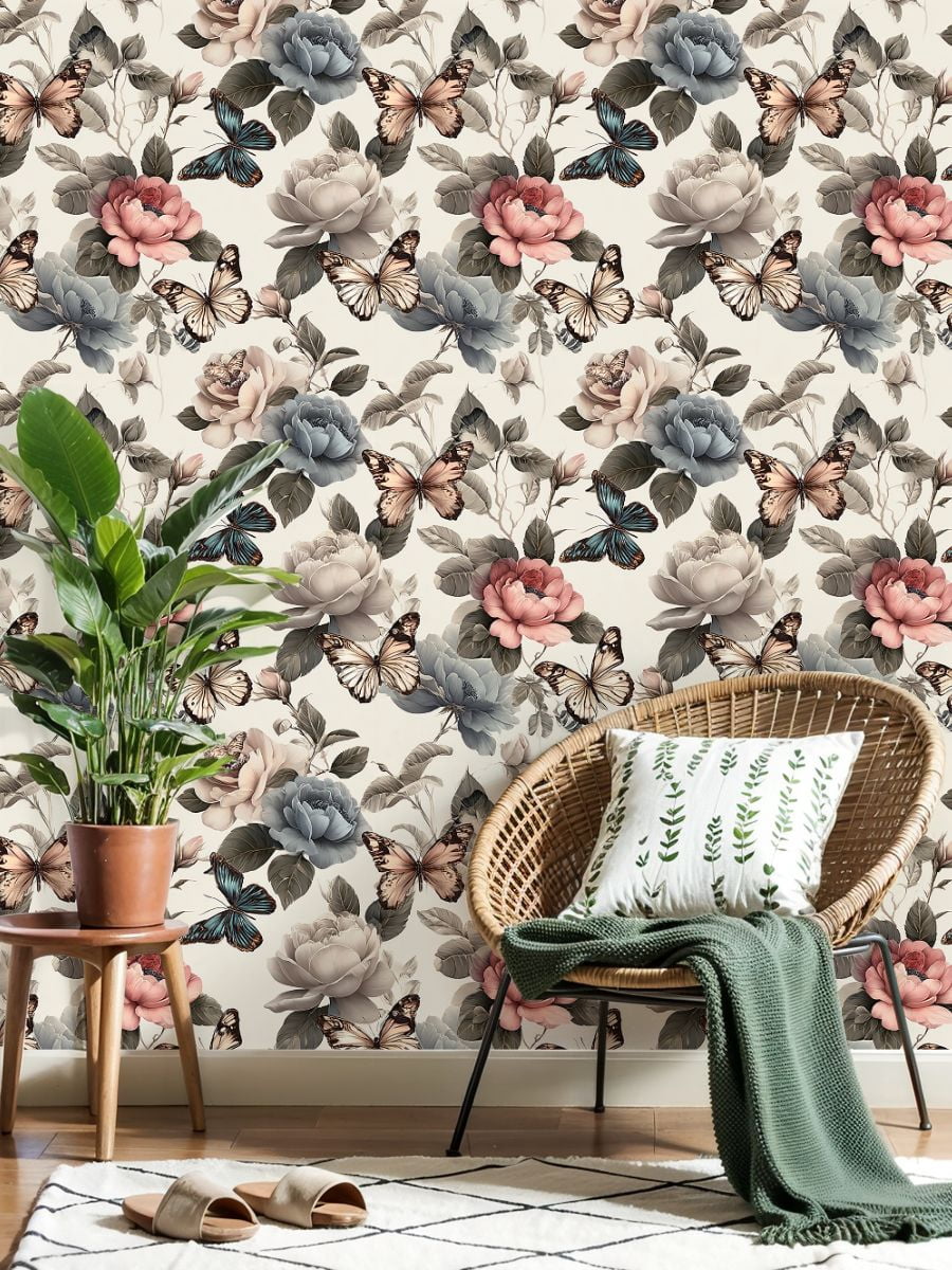 Peel and Stick Wallpaper Elegant Floral Butterflies Pastel Botanical Spring Wall Mural 17.7in x 9.8ft Self Adhesive Removable Wall Paper Renter Friendly Wallpaper for Nursery Bedroom Cabinets