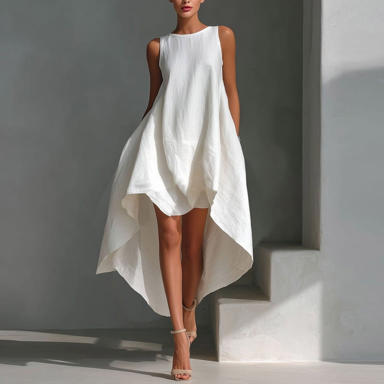 plus size white asymmetrical dress Makaor Casual Womens Dresses Midi Dresses Sleeveless Solid Crew Neck Lounge Dress 3XL Azazie Artemia Diamond White cocktail short dress The button Size:X-Small