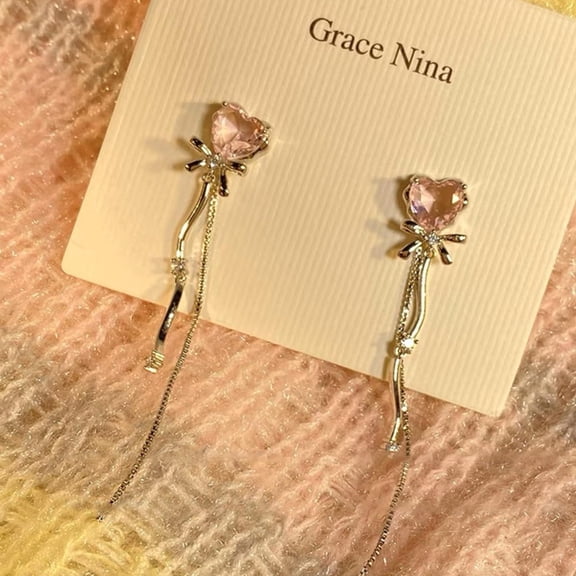 Shiny Pink Crystal Heart Tassel Earrings for Women Creative Zircon Stud Bowknot Drop Dangling Earrings Y2K Party Jewelry Gifts