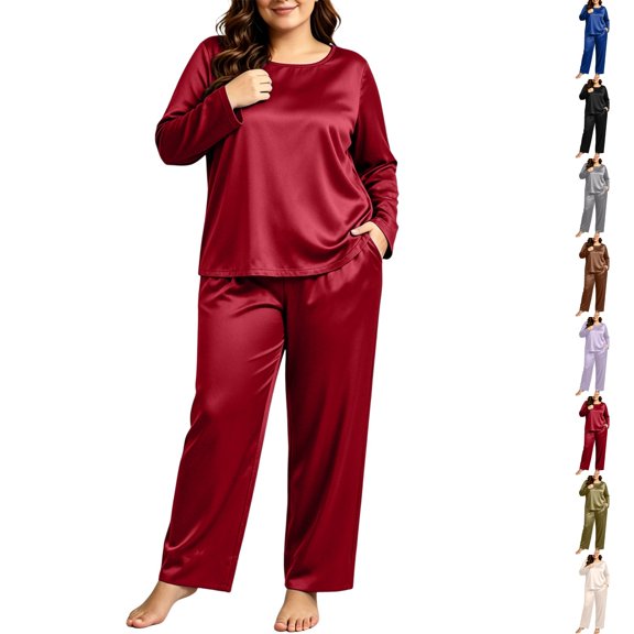 Nugftut Plus Size Pajama Sets for Women Satin Long Loungewear Two-Piece Fall Classic Sleepwear XL-5XL