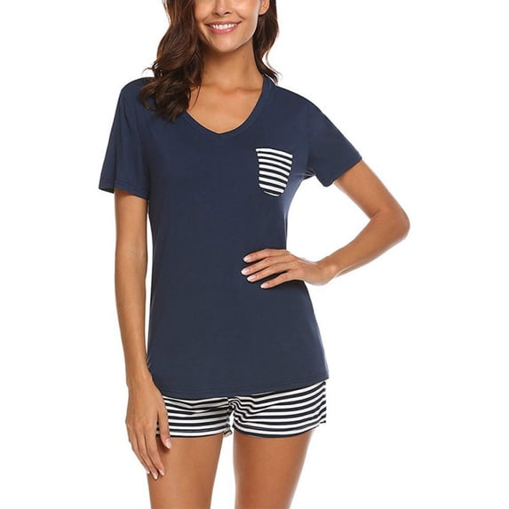 Women Pajamas Striped V-neck Short Sleeve Shorts Two-piece Suit Casual Pjs Sets