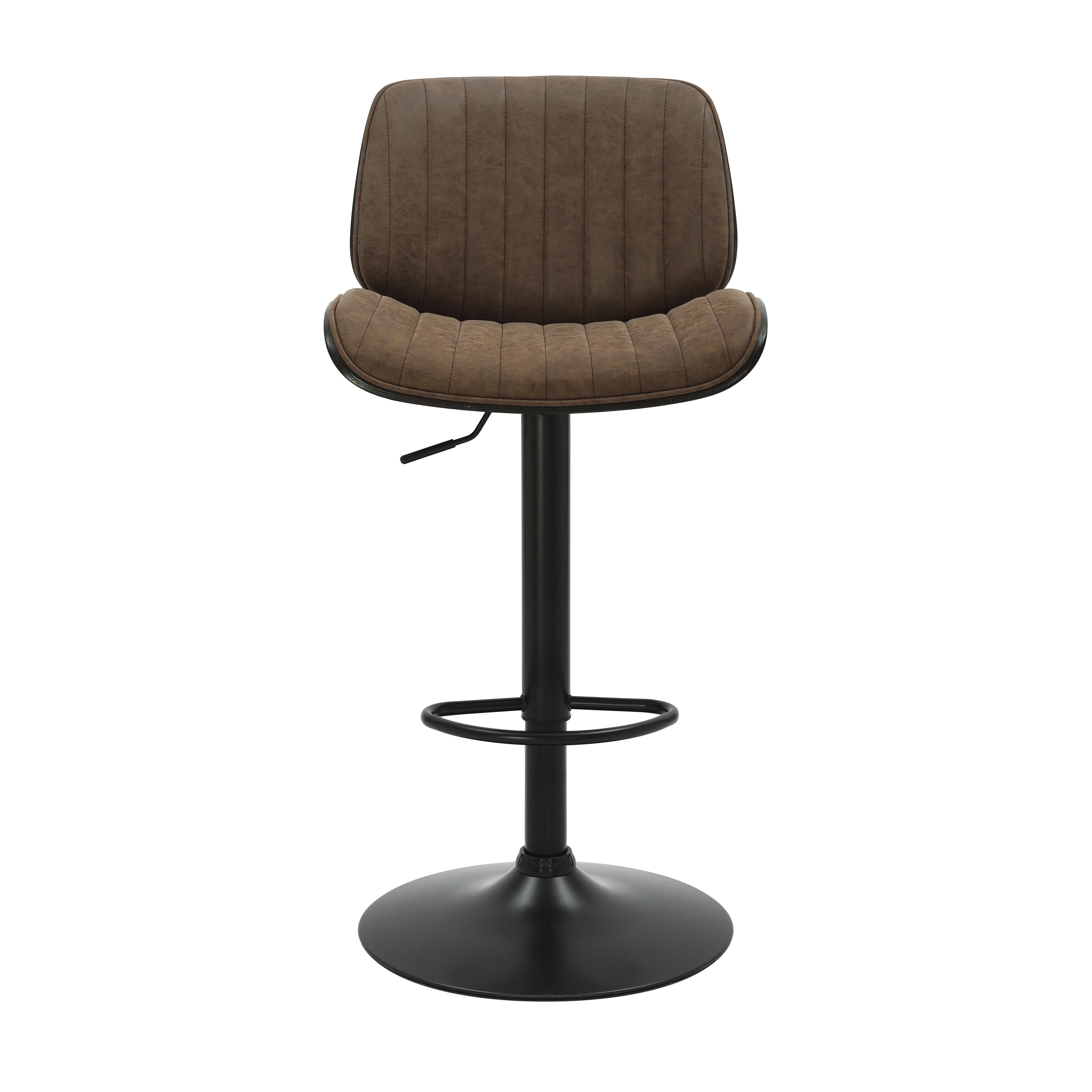 Brock Adjustable Swivel Vintage Dark Brown Curved Back Wood Bar Stool with Faux Leather Seat
