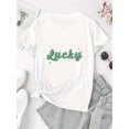 thumbnail image 2 of Camiseta estampada "Lucky" para mujer: cuello redondo, manga corta, cómoda camiseta de verano de mezcla de algodón con letras coloridas y detalles de estrellas, ideal para practicar deporte., 2 of 6